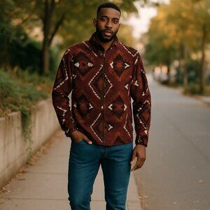 Sonoma Goods For Life Mens XXL Fleece Jacket Aztec Pattern Burgundy Western